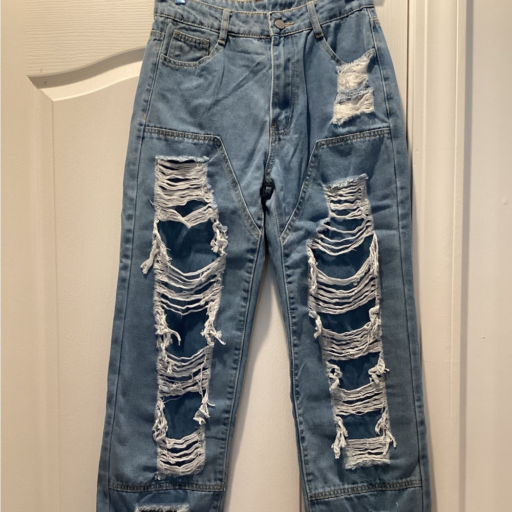 Light Blue Distressed Women Jeans - Classic Ripped Leg Width=~ 8.45 Inches